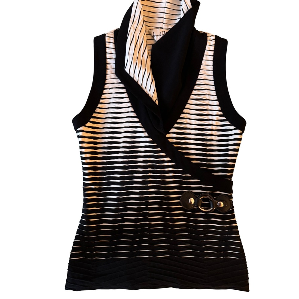 Joseph Ribkoff‎ Black White Striped Sleeveless Wrap Top Shawl Collar Buckle 2